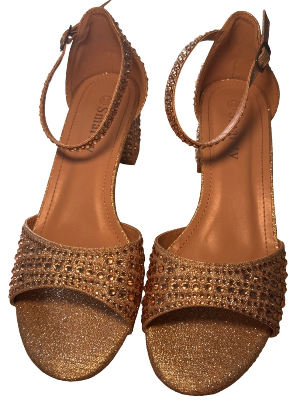 Smartty Rose Gold Glitter Block Heel Sandals with Rhinestones